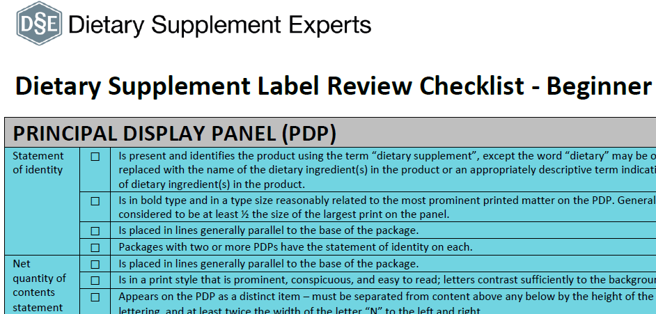 Dietary Supplement Label Review Checklist - Beginner