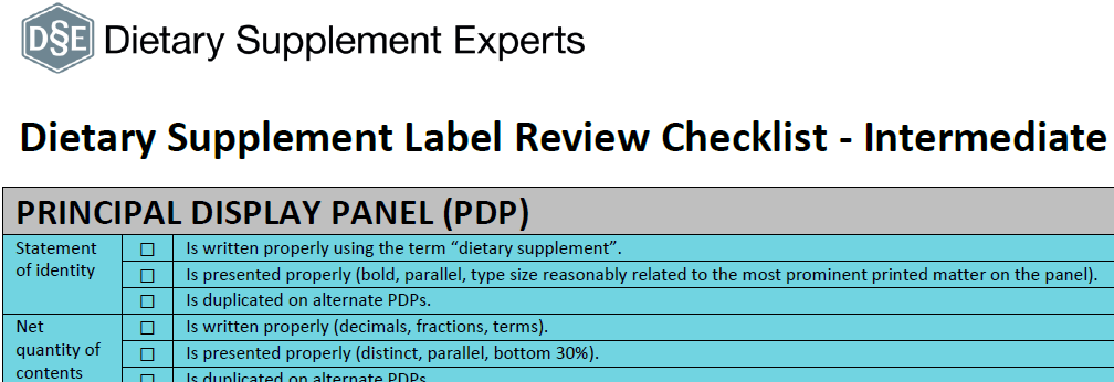 Dietary Supplement Label Review Checklist - Intermediate
